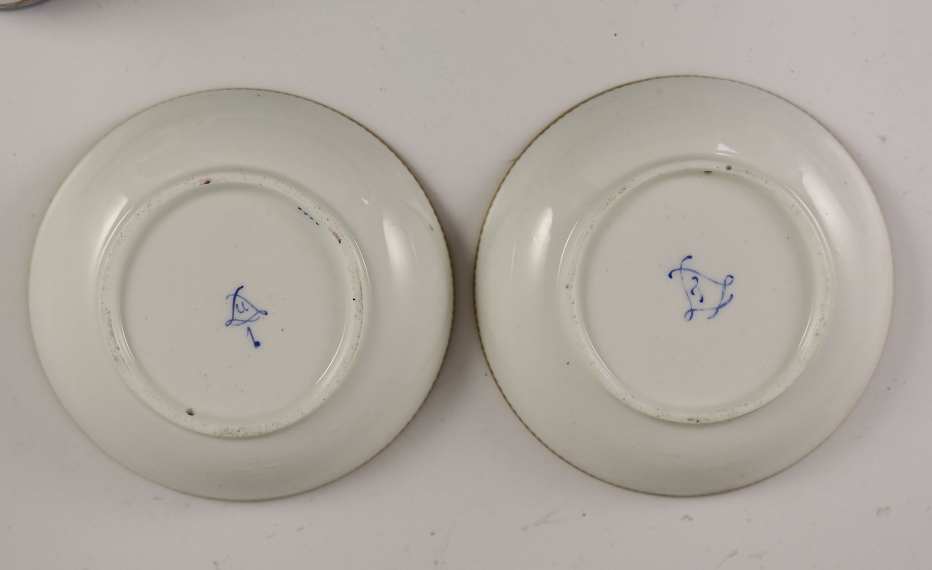 A Sevres porcelain part tea service, c.1772-3, One teacup handle repaired